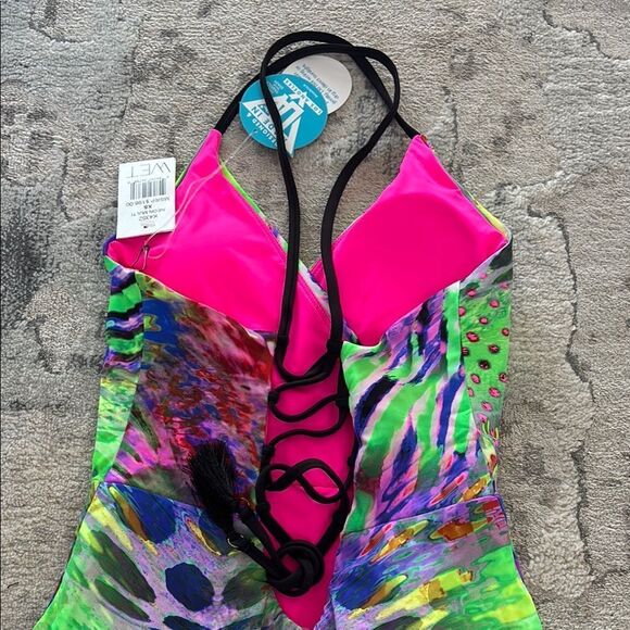 Green and Pink One Piece Swimsuit with Vibrant Design - Picture 8 of 11